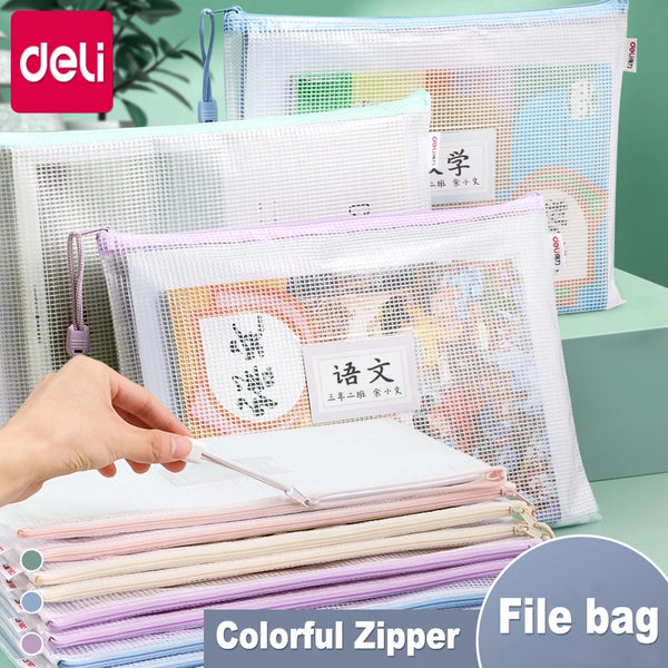 Deli A4 File Storage Bags Folder Large Capacity Gridding Waterproof Zip Bag Office Students Textbook Test Paper Archives Pouch