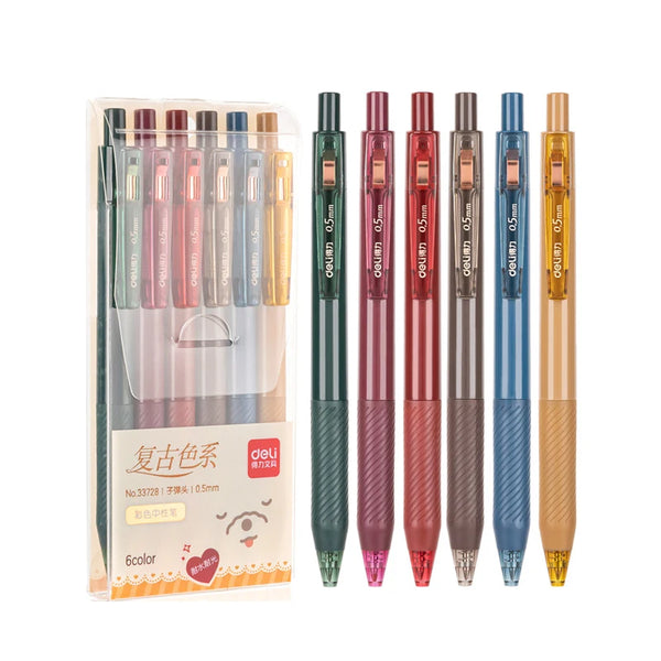 Deli Colored Gel Pen Set Ink 6 Color 0.5MM Press Retractable Hand Account Note Marker Ballpoint Pen School Writing Stationery