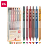 Deli Colored Gel Pen Set Ink 6 Color 0.5MM Press Retractable Hand Account Note Marker Ballpoint Pen School Writing Stationery