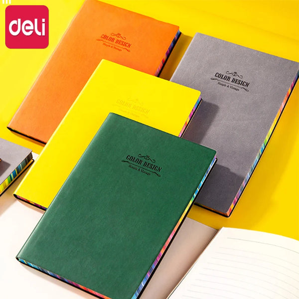 Deli Notebook Soft Leather Surface PU Notepad Color Spray Edge Creative Minimalist Ins Wind Student Office Record Book