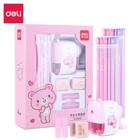 Deli Quality Great Gift Set Cartoon Design Cute Stationery Pencil Sharpener Eraser Pencil Cap Crayon for Children Study Supplies
