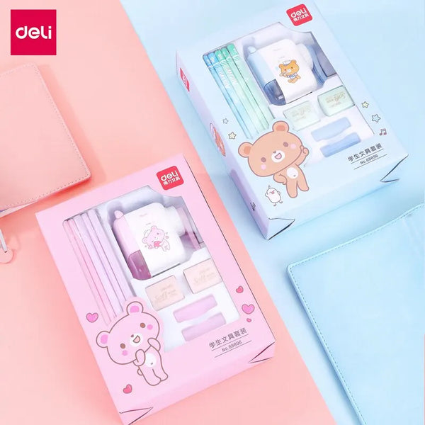 Deli Quality Great Gift Set Cartoon Design Cute Stationery Pencil Sharpener Eraser Pencil Cap Crayon for Children Study Supplies