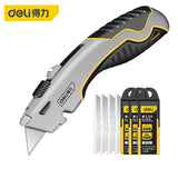 Deli Zinc Alloy Utility Knife, Box Cutter Heavy Duty Retractable for Cartons Cardboard and Boxes with Blade Storage Design