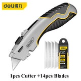 Deli Zinc Alloy Utility Knife, Box Cutter Heavy Duty Retractable for Cartons Cardboard and Boxes with Blade Storage Design