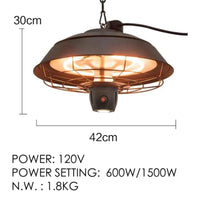 Electric Outdoor Ceiling Patio Heater Black with Infrared Heating Element Remote Control LED Light for BBQ Party Balcony Veranda