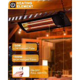 Electric Patio Heater, Outdoor Heater, 750W/1500W Ceiling Infrared Heater with Rectangular Shape, Black, Silent Heating Hanging