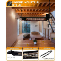 Electric Patio Heater, Outdoor Heater, 750W/1500W Ceiling Infrared Heater with Rectangular Shape, Black, Silent Heating Hanging