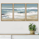Framed Canvas Print Wall Art Set Teal Sky Ocean Wave Beach Shore Nature Wilderness Illustrations Modern Art Decorative