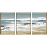 Framed Canvas Print Wall Art Set Teal Sky Ocean Wave Beach Shore Nature Wilderness Illustrations Modern Art Decorative