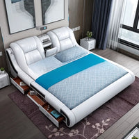 Genuine Leather Bed Multifunctional Beds Ultimate Massage Camas with Bluetooth,Speaker,Safe,Air Cleaner, Projector,Drawers