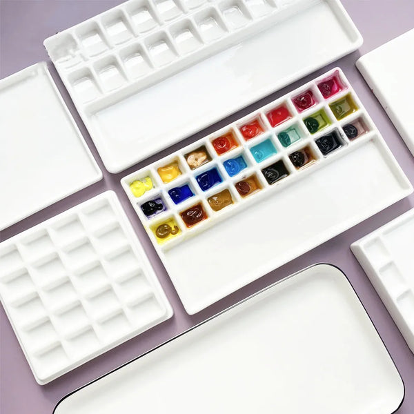 AOOKMIYA High quality Ceramic watercolor palette rectangular multi-grid white porcelain palette art supplies paint palette with lid