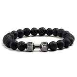 Natural Volcanic Stone Bracelet Men Matte Black Lave White Beads Charm Dumbbell Strand Bracelets Women Barbell Fitness Jewelry