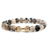 Natural Volcanic Stone Bracelet Men Matte Black Lave White Beads Charm Dumbbell Strand Bracelets Women Barbell Fitness Jewelry