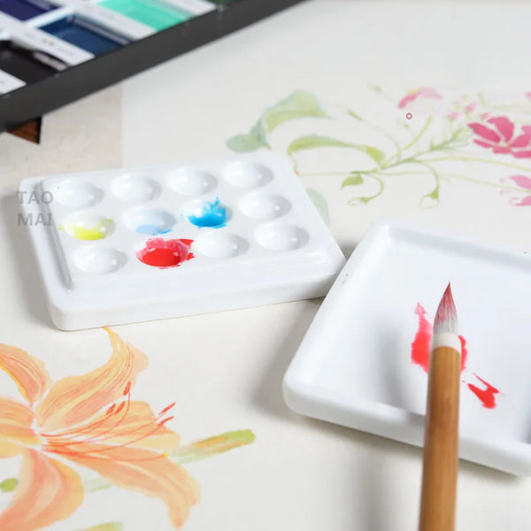 AOOKMIYA Ceramic Mini Moisturizing Palette with Lid 12-hole Grid Watercolor Paint Palette Handmade White Porcelain Art Painting Tools