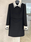 High Quality 2024 Autumn Winter Vintage Wool Dress Women Fashion Patchwork Embroidery Short Black Dress