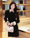 High Quality 2024 Autumn Winter Vintage Wool Dress Women Fashion Patchwork Embroidery Short Black Dress