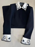High Quality 2024 Autumn Winter Vintage Wool Dress Women Fashion Patchwork Embroidery Short Black Dress