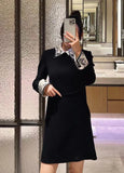 High Quality 2024 Autumn Winter Vintage Wool Dress Women Fashion Patchwork Embroidery Short Black Dress