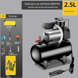 Inflator silencioso portátil sem óleo, compressor de ar para carro e bicicletas, 12V, 220V