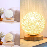 LED Table Lamp Wood Table Ball Light with USB Charged Rattan Ball Lamp Modern Bedside Night Lamp for Room Decoration