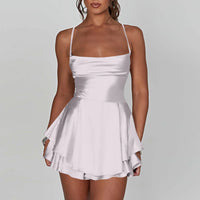 AOOKDRESS Ladies' Silk And Satin Elegant Sexy Slim Beautiful Backless Short Dress Cowl Neck Cross Spaghetti Strap Party Pleated Mini Skirt