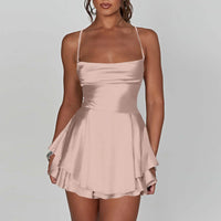 AOOKDRESS Ladies' Silk And Satin Elegant Sexy Slim Beautiful Backless Short Dress Cowl Neck Cross Spaghetti Strap Party Pleated Mini Skirt