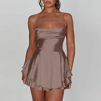 AOOKDRESS Ladies' Silk And Satin Elegant Sexy Slim Beautiful Backless Short Dress Cowl Neck Cross Spaghetti Strap Party Pleated Mini Skirt