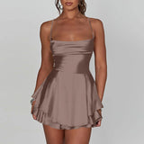 AOOKDRESS Ladies' Silk And Satin Elegant Sexy Slim Beautiful Backless Short Dress Cowl Neck Cross Spaghetti Strap Party Pleated Mini Skirt
