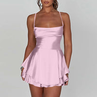 AOOKDRESS Ladies' Silk And Satin Elegant Sexy Slim Beautiful Backless Short Dress Cowl Neck Cross Spaghetti Strap Party Pleated Mini Skirt