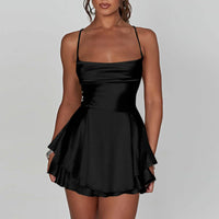 AOOKDRESS Ladies' Silk And Satin Elegant Sexy Slim Beautiful Backless Short Dress Cowl Neck Cross Spaghetti Strap Party Pleated Mini Skirt