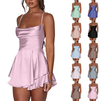 AOOKDRESS Ladies' Silk And Satin Elegant Sexy Slim Beautiful Backless Short Dress Cowl Neck Cross Spaghetti Strap Party Pleated Mini Skirt