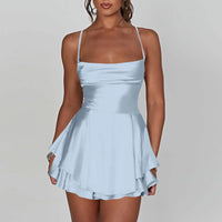 AOOKDRESS Ladies' Silk And Satin Elegant Sexy Slim Beautiful Backless Short Dress Cowl Neck Cross Spaghetti Strap Party Pleated Mini Skirt