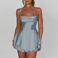 AOOKDRESS Ladies' Silk And Satin Elegant Sexy Slim Beautiful Backless Short Dress Cowl Neck Cross Spaghetti Strap Party Pleated Mini Skirt