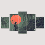 Large Canvas Wall Art Samurai Standing on Stairway in Night Forest with The Red Moon on Background, Painting Pictures - 60"x32"