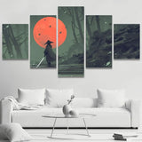 Large Canvas Wall Art Samurai Standing on Stairway in Night Forest with The Red Moon on Background, Painting Pictures - 60"x32"