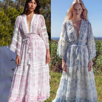 NIGO LP Women's Summer Sexy V-Neck Embroidery Splicing Hollow Lace Solid Color Long Dresses #nigo61296