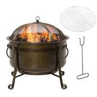 Outdoor Fire Pit Patio Heater W/ BBQ Grill, Screen Cover, Fire Poker for Backyard
