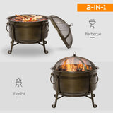 Outdoor Fire Pit Patio Heater W/ BBQ Grill, Screen Cover, Fire Poker for Backyard