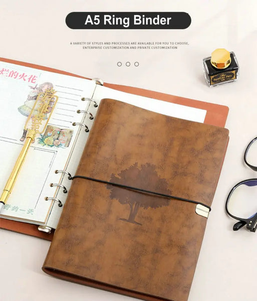 PU Leather Notebook A5 Ring Binder Kpop Vintage Travel Journal Blank Notebook Faux Leather Binder A5 Grid Notebook Spiral Diary