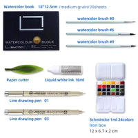 Professional Watercolor Painting Set Portable 24 Colors Schmincke Solid Water Color Brush Paper Pen Artist Student Beginner Art