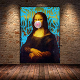 Abstract Funny Style Mona Lisa with Bubble Gum  Art Poster Canvas Painting Wall Print Picture for Living Room Home Decor Cuadros