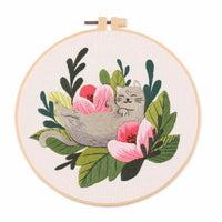 AOOKMIYA DIY Embroidery Kit Cat Plant Printed Pattern Beginner Cross Stitch Set Needlework Hoop Handmade Sewing Hobby Kits