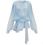 AOOKMIYA 2025 Elegant Chiffon Ruffle Skirt 2-piece Dress Women's Solid Chic V Neck Lace Up Puff Full Sleeve Sweet Style Mini Party Gowns AOOKMIYA.COM