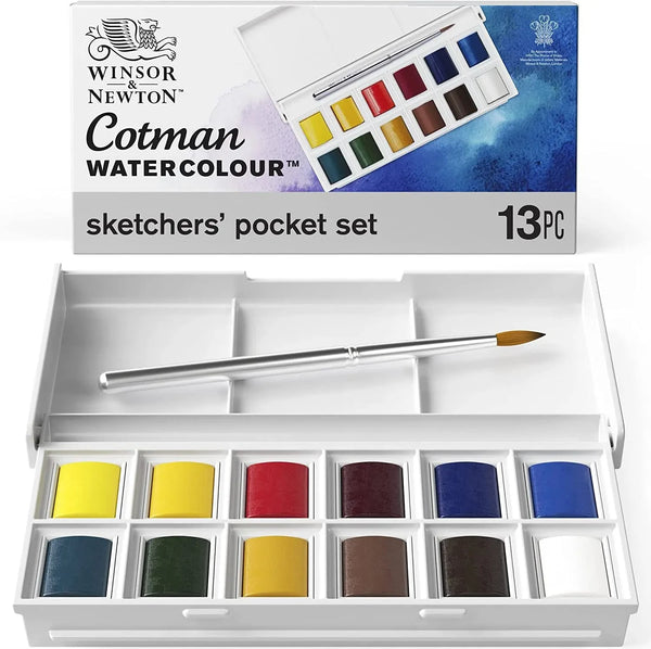 Winsor & Newton Cotman Portable Travel 12 Color Solid Watercolor Paint Water Colour Sketchers' Pocket Box 1 pcs Palette
