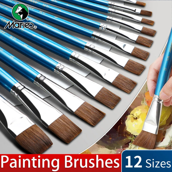 AOOKMIYA 12 Sizes Marie's Flat Paint Brush Set for Oil,Acrylic,Gouache,Watercolor,Crafts,Models,Eggs,Rocks,Canvas for Artists & Adults