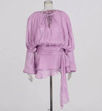 AOOKMIYA 2025 Elegant Chiffon Ruffle Skirt 2-piece Dress Women's Solid Chic V Neck Lace Up Puff Full Sleeve Sweet Style Mini Party Gowns AOOKMIYA.COM