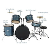 MCH Full Size Adult Drum Set 5Piece Black with Bass Drum two Tom Drum Snare Drum Floor Tom 16 Ride Cymbal 14 Hihat Cymbals Stoo