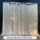 3X6M Wedding Background Decoration Veil White Bilayer Yarn Curtain With Artificial Flower For Birthday Valentine's Day Party DIY