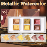 AOOKMIYA 6 Colors Metallic Watercolor Glitter Solid Pigment,Professional Flash Golden Slivery Starry Iridescent Paints for Adults,Artists