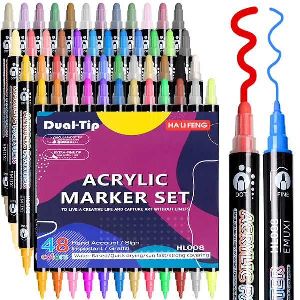 AOOKMIYA 48 Colors Professional Acrylic Paint Pens Markers Dual Tip with Round and Fine Tip for Wood,Canvas,Stone,Rock,Glass,Ceramic,DIY